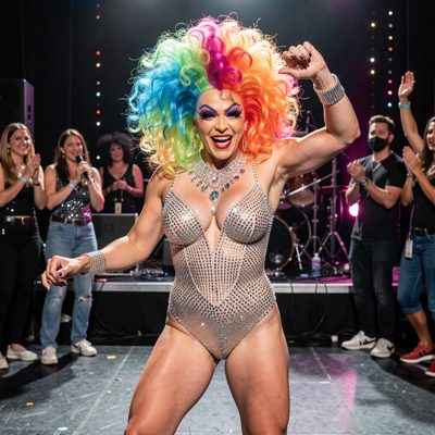 a drag performer in a bold wig and rhinestone bodysuit mid-dance