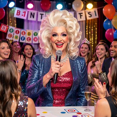 a drag queen hosting a bingo night with a microphone