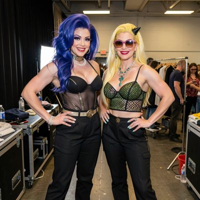 two drag performers posing together backstage