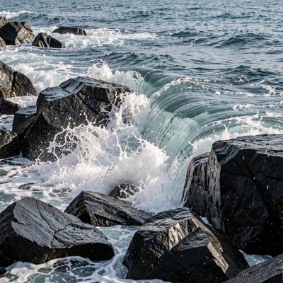 waves breaking over dark rocks