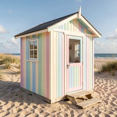 a beach hut painted in pastel colours