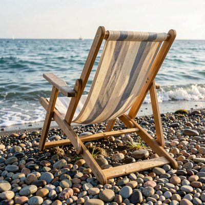 a deckchair on a pebble beach