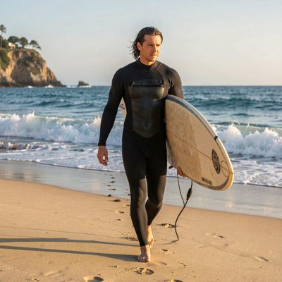 a surfer walking out with a board under arm