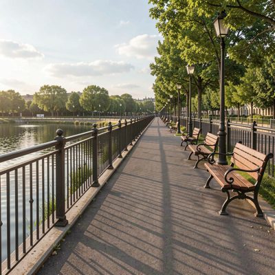 a promenade with railings and benches