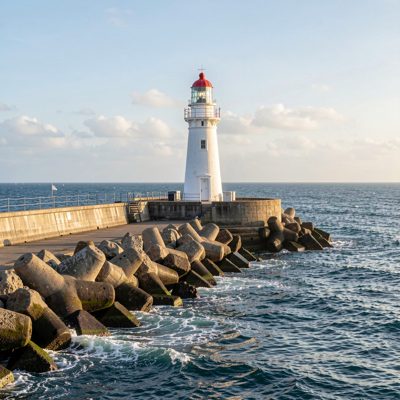 a lighthouse at the end of a breakwater