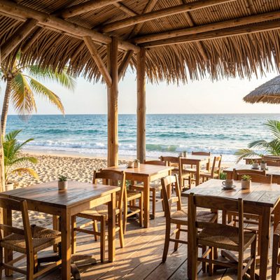 a beach cafe with tables facing the sea