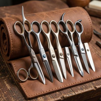 a row of hairdressing scissors on a leather roll
