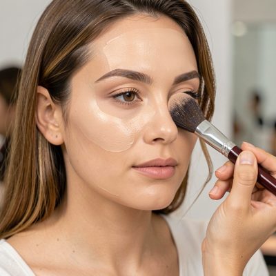 a makeup artist applying foundation with a brush