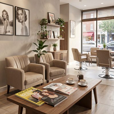a salon waiting area with magazines and coffee