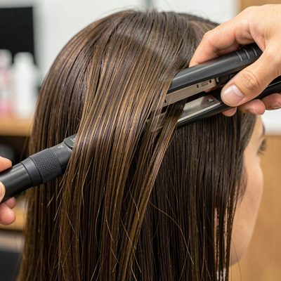 a straightener smoothing a section of hair