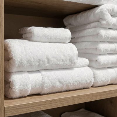 a shelf of folded white salon towels
