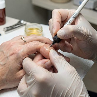 a manicure being finished with cuticle oil