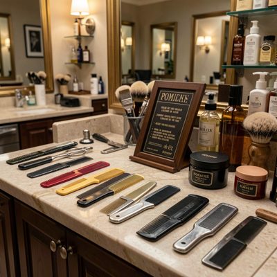 a men's grooming counter with combs and pomade