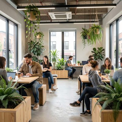a co-working space with people at shared benches and plants