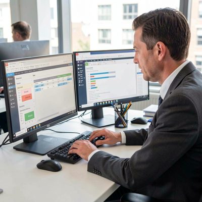 an accountant working through spreadsheets on dual monitors