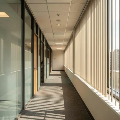 an office corridor with light falling through vertical blinds