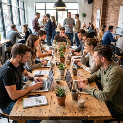 a small startup team working around one crowded table