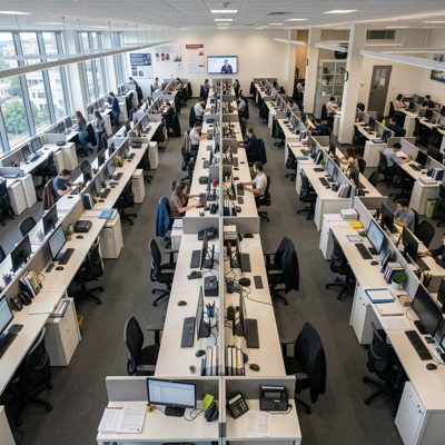 a busy office seen from above with desks in neat rows