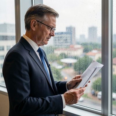 an executive reading a document by a rain streaked window