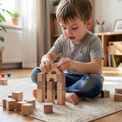 a child building with wooden blocks on a rug