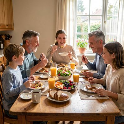 a family eating breakfast together