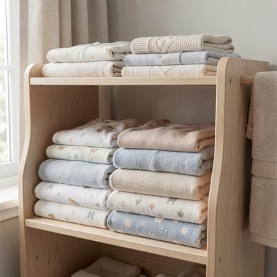 a baby's changing station with folded clothes