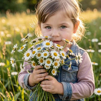 a child holding a bunch of picked daisies