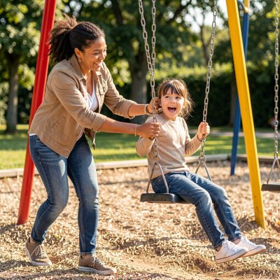 a parent pushing a swing in a playground