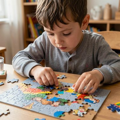 a child concentrating on a jigsaw