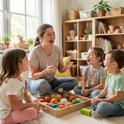 a nursery worker singing with a small group