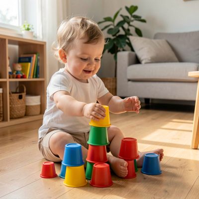 a toddler stacking cups on a floor