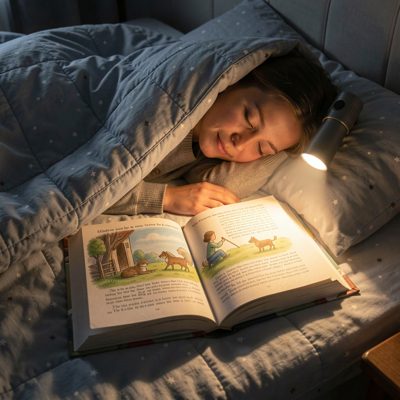 a bedtime story under a duvet with a torch