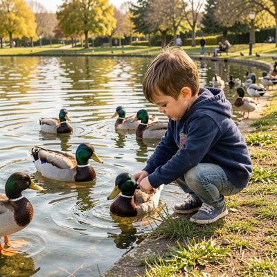 a child feeding ducks at a pond