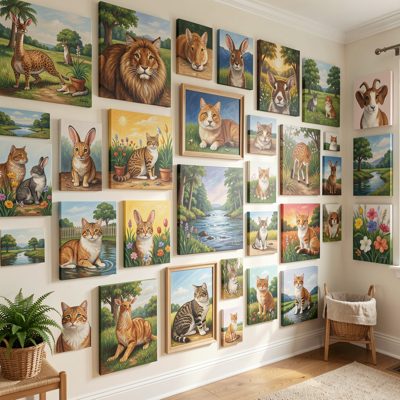 a nursery art wall covered in paintings