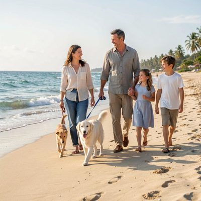 a family walking a dog on a beach