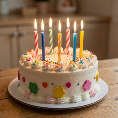 a child's birthday cake with candles lit