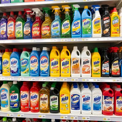 a shelf of neatly labelled cleaning products