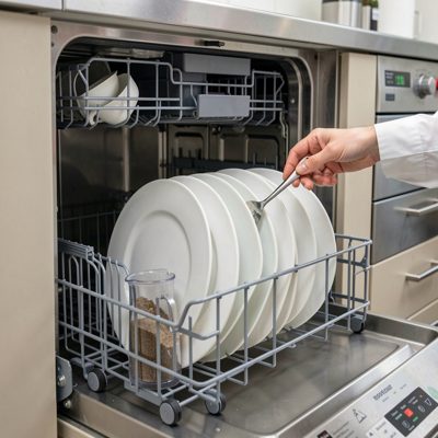 a commercial dishwasher tray being loaded