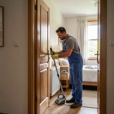 a cleaner checking a room from the doorway