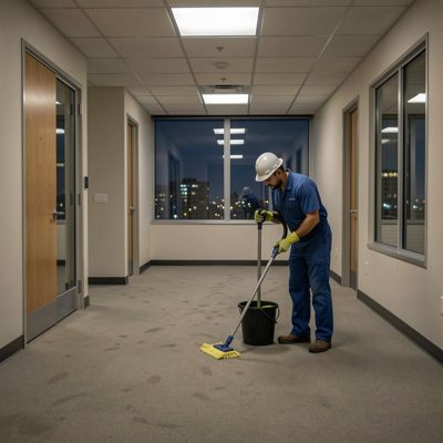 a cleaner working in an empty office at night