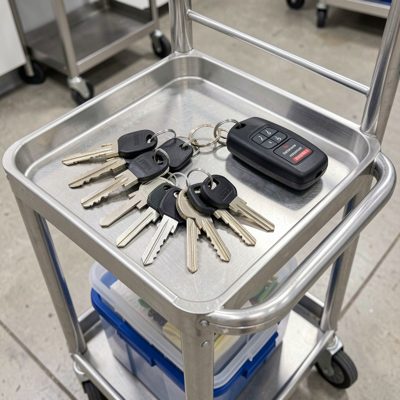 a set of keys and a fob on a cleaning trolley