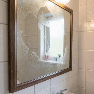 a bathroom mirror with condensation wiped clear