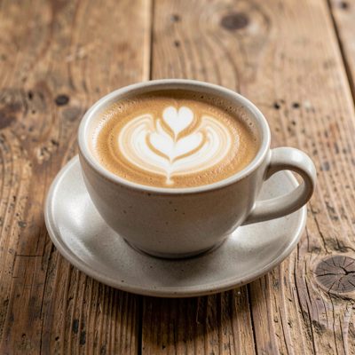 a flat white in a ceramic cup on a wooden table