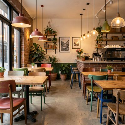 a cafe interior with mismatched chairs and warm lamps