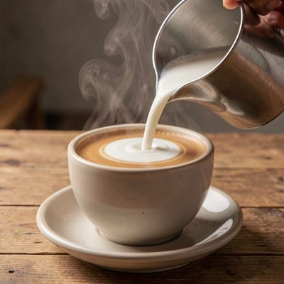 steamed milk being poured into a cappuccino