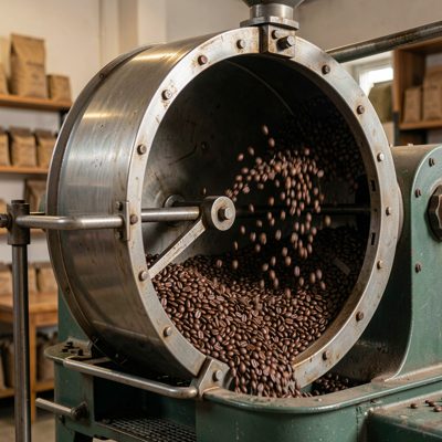 a coffee roaster drum with beans tumbling