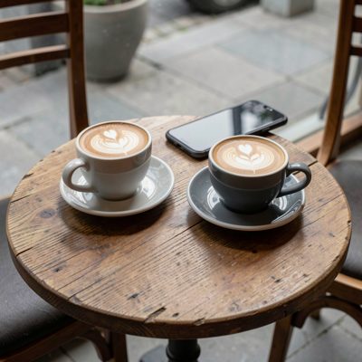 a small round table with two coffees and a phone