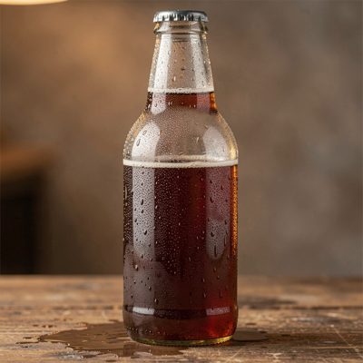a cold brew bottle with condensation on the glass