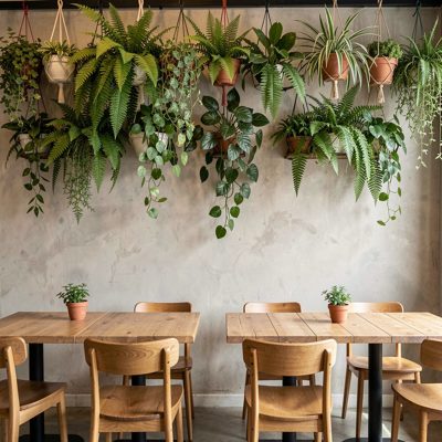 a cafe wall of hanging plants above the seating