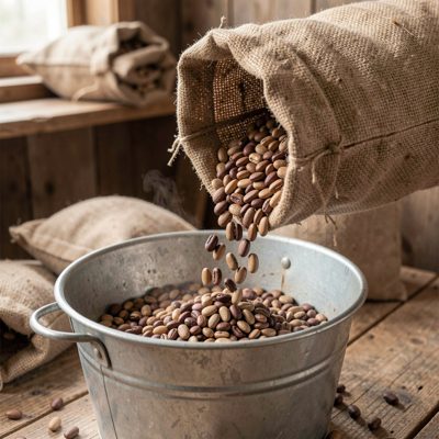 a bean hopper being refilled from a sack